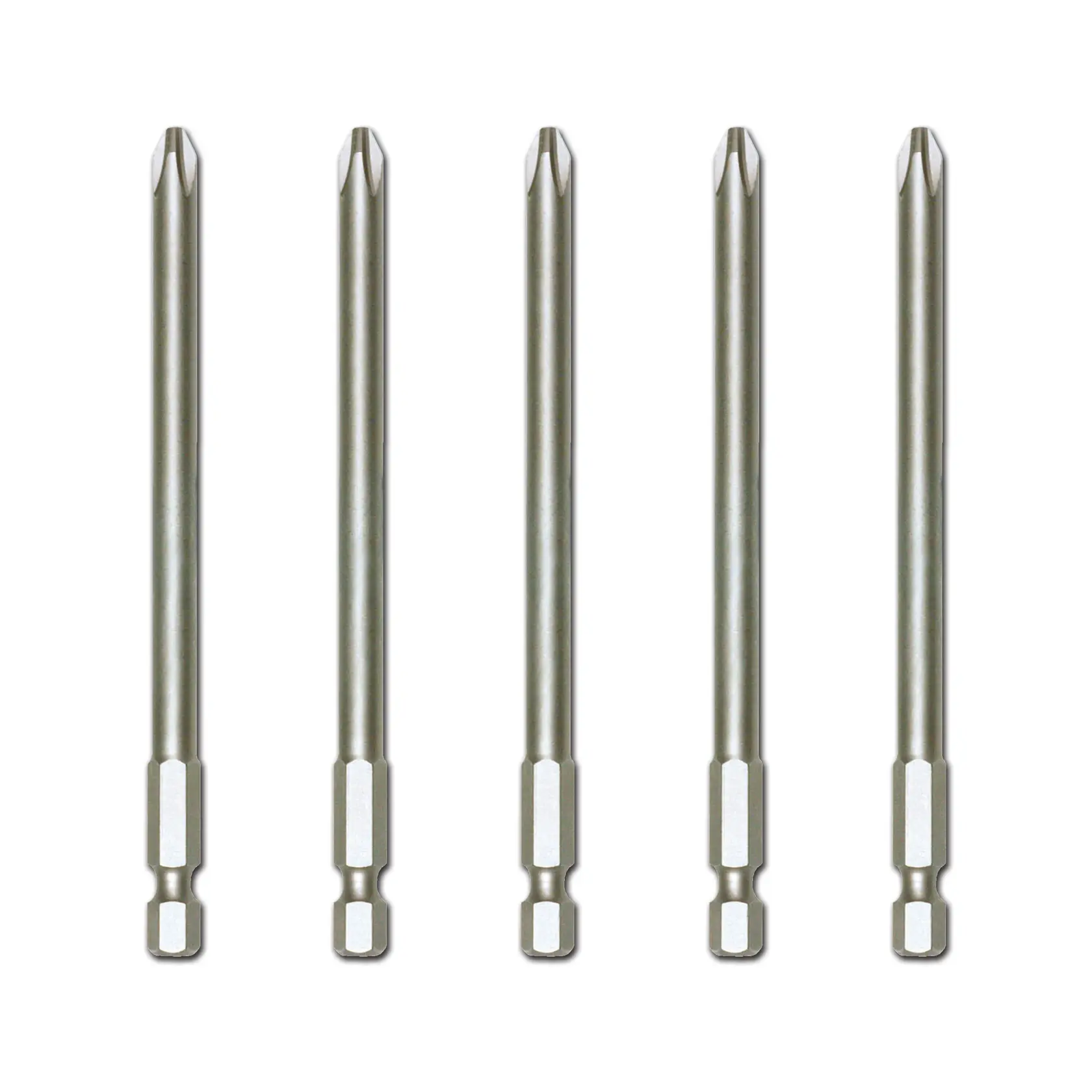 Five long Phillips screwdriver bits with hex shanks, arranged vertically in a row on a white background.