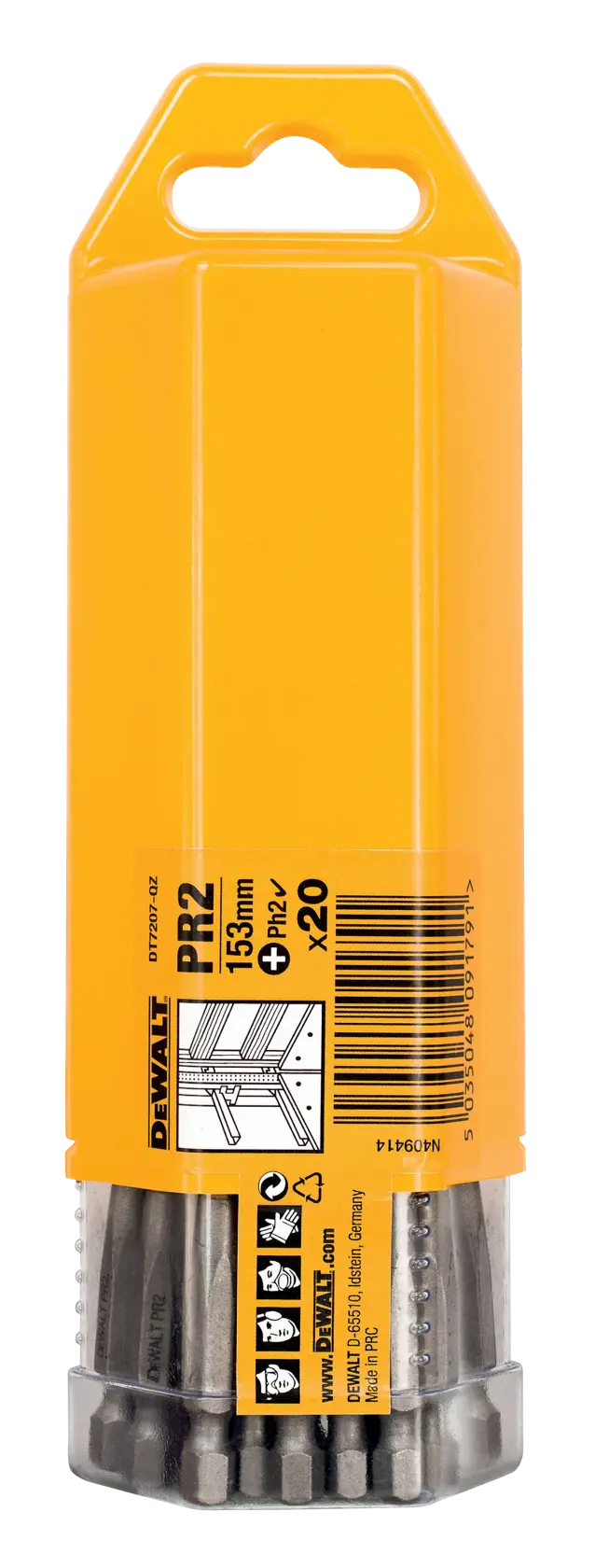 DEWALT DT7207 pack containing 20 PH2 screwdriver bits, 53mm length, inside a yellow plastic container with a transparent bottom showing the bits.