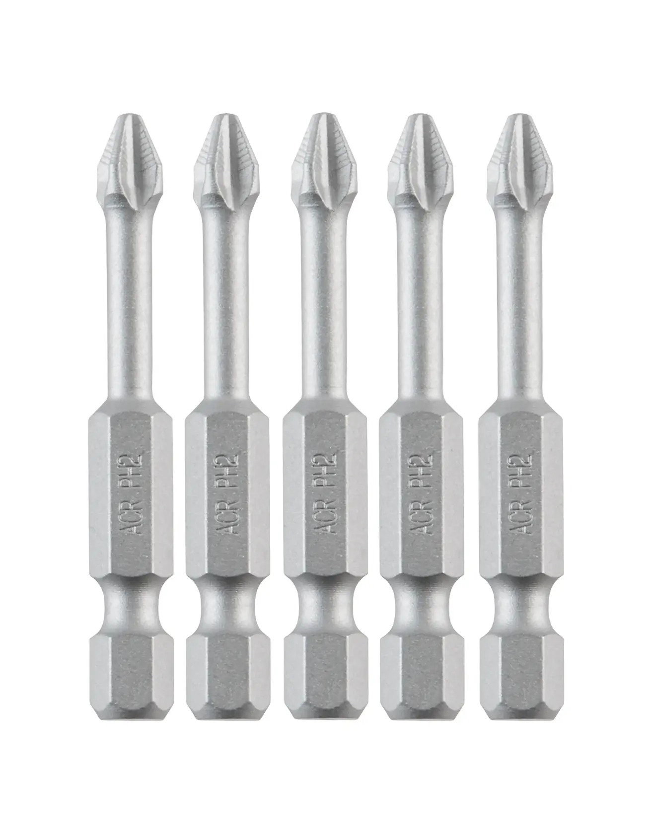A set of five DEWALT Phillips screwdriver bits, each with a hex shank and marked with 'ACR PH2', arranged vertically side by side on a white background.