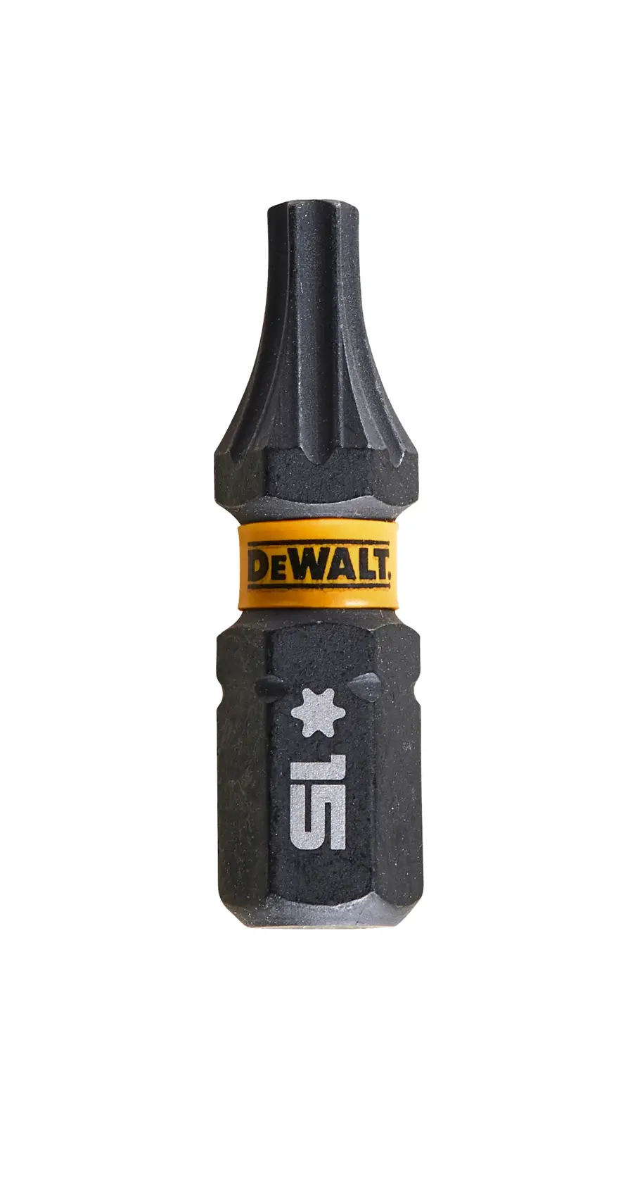 Punta de destornillador DEWALT Torx 15 con banda amarilla, apta para herramientas eléctricas y trabajo preciso.