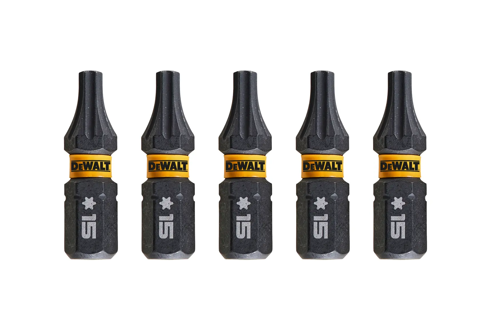 Cinco puntas de destornillador Torx T15 DEWALT, negras y amarillas, alineadas sobre fondo blanco.