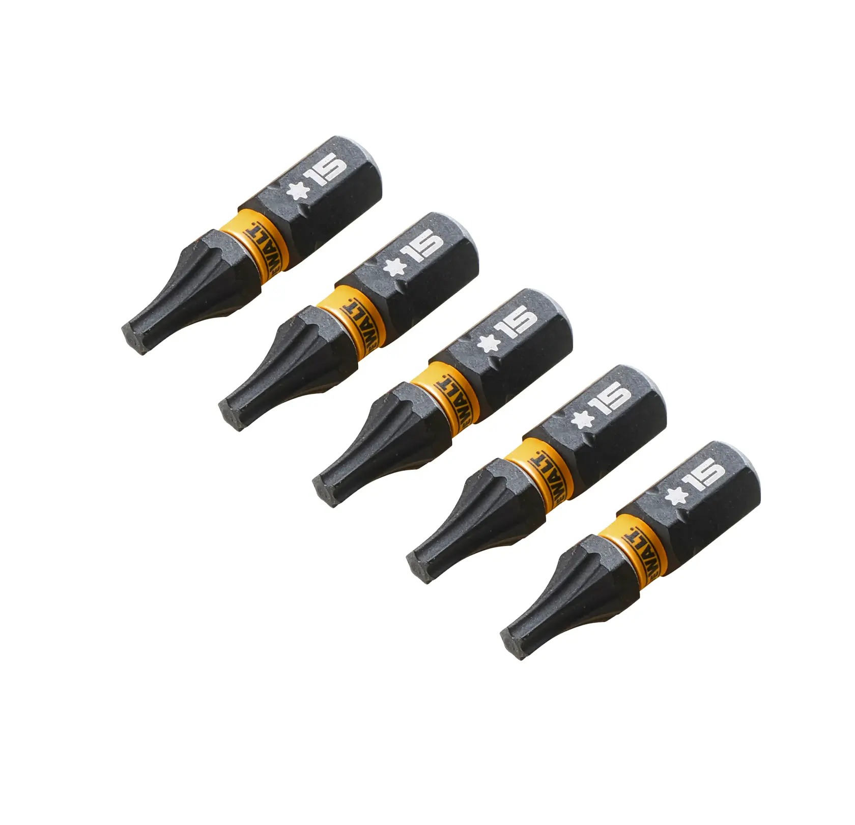 Juego de cinco puntas DEWALT DT7380T, negras y amarillas, con punta Torx T15.