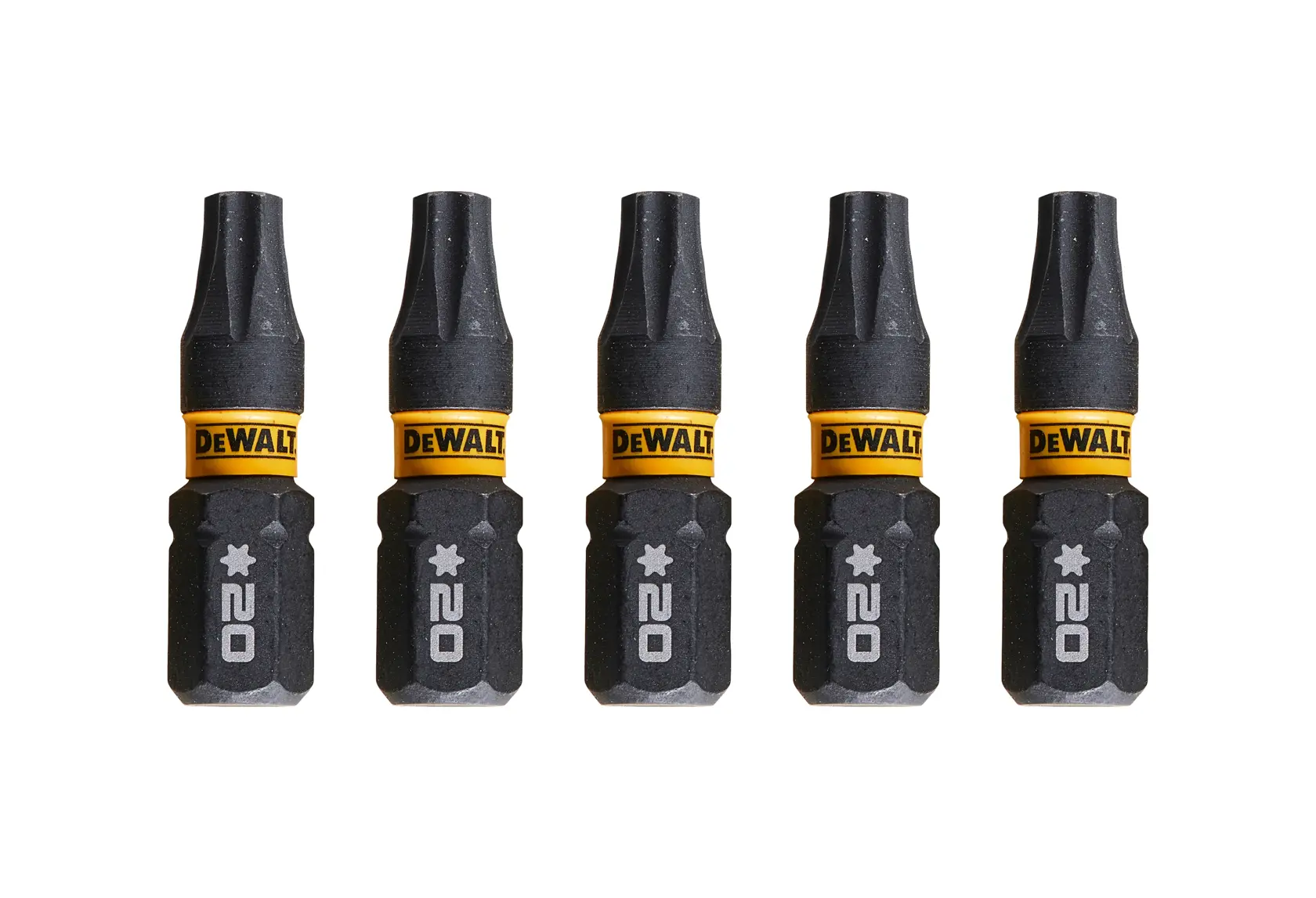 Cinco puntas de destornillador DEWALT T20 con marca amarilla, en fila sobre fondo blanco.