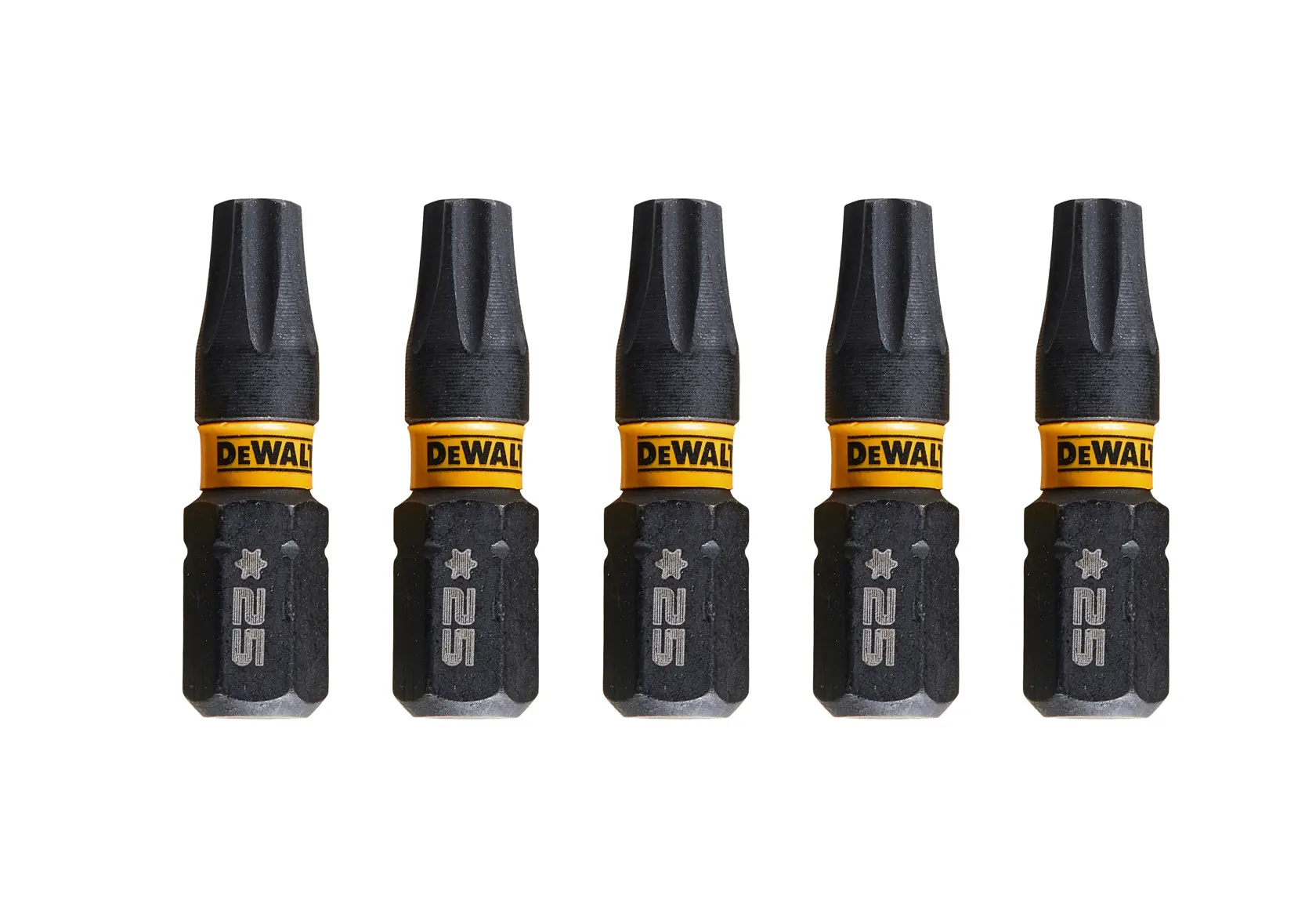 Juego de cinco puntas Torx DEWALT tamaño T25 sobre fondo blanco.