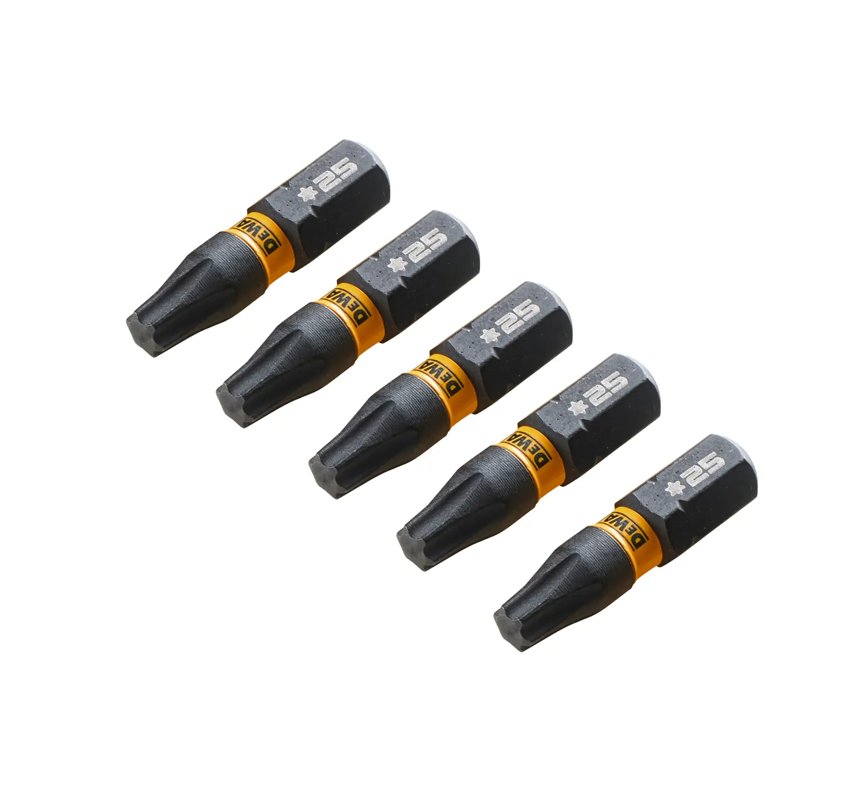 Cinco puntas de destornillador Torx DEWALT T25 alineadas sobre fondo blanco.