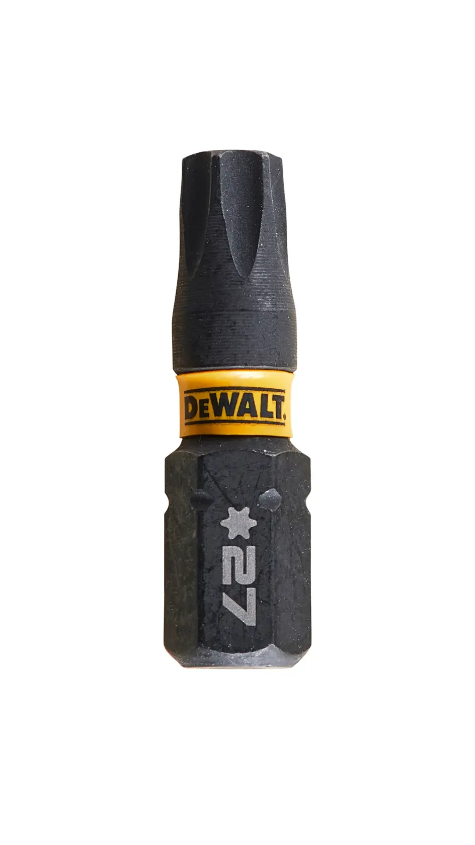 Punta de destornillador DEWALT DT7383T, tamaño 27, negra con anillo amarillo.