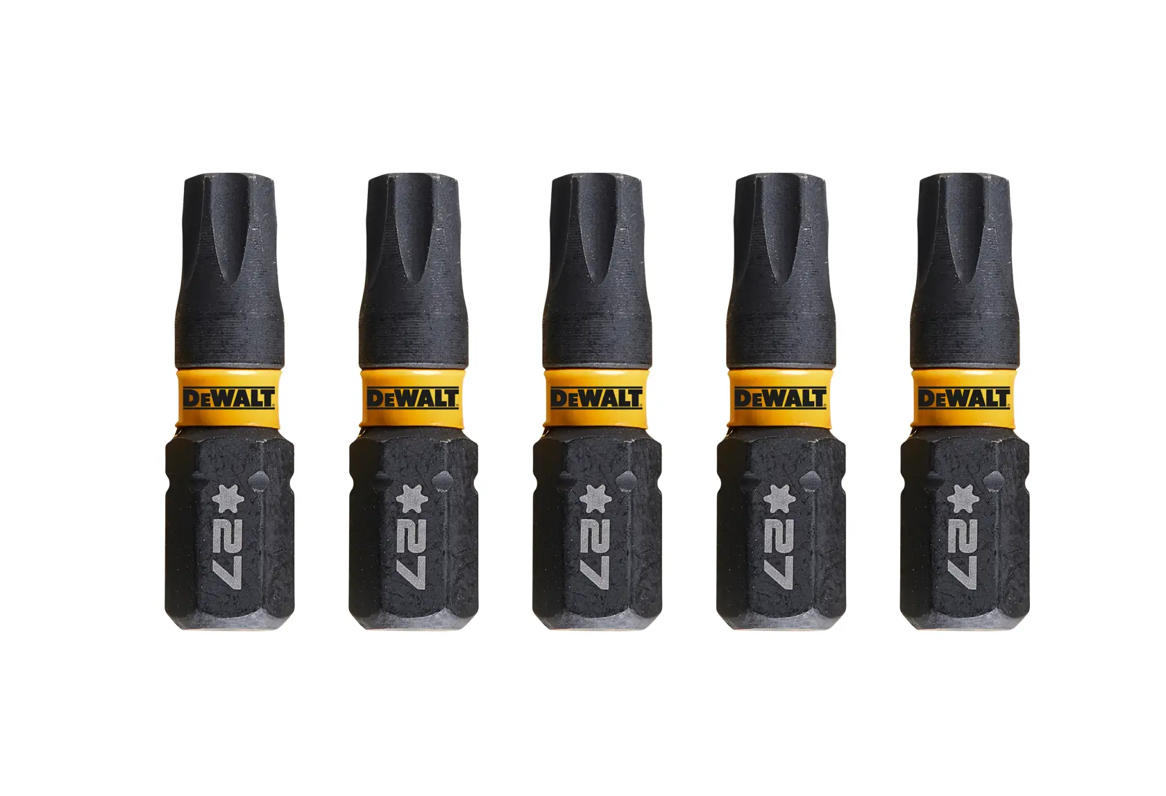 Juego de cinco puntas DEWALT DT7383T con anillo amarillo, estrella y tamaño 27 sobre fondo blanco.