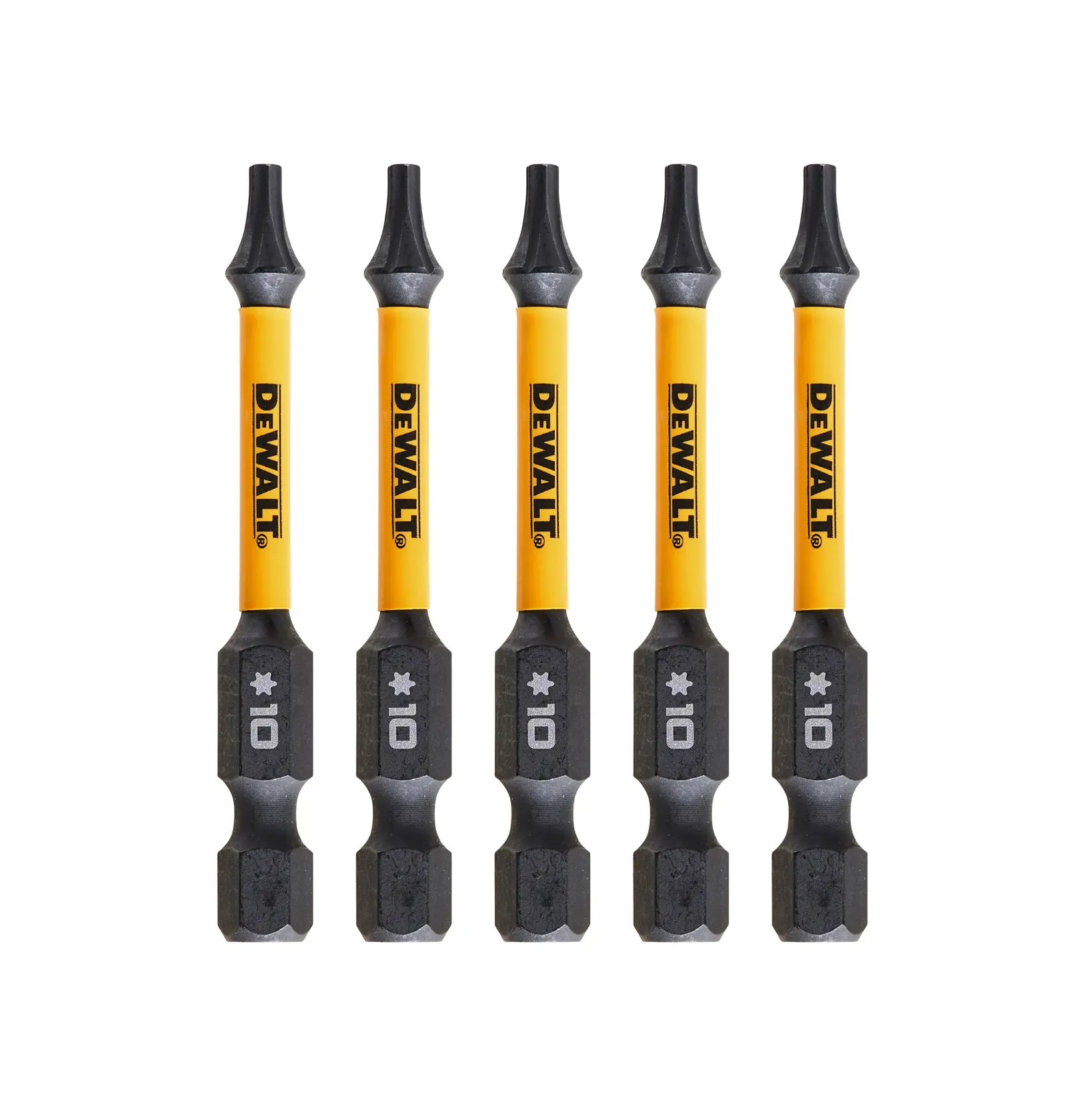 Cinco puntas de destornillador estrella DEWALT TX10 con cuerpo amarillo y punta negra, sobre fondo blanco.