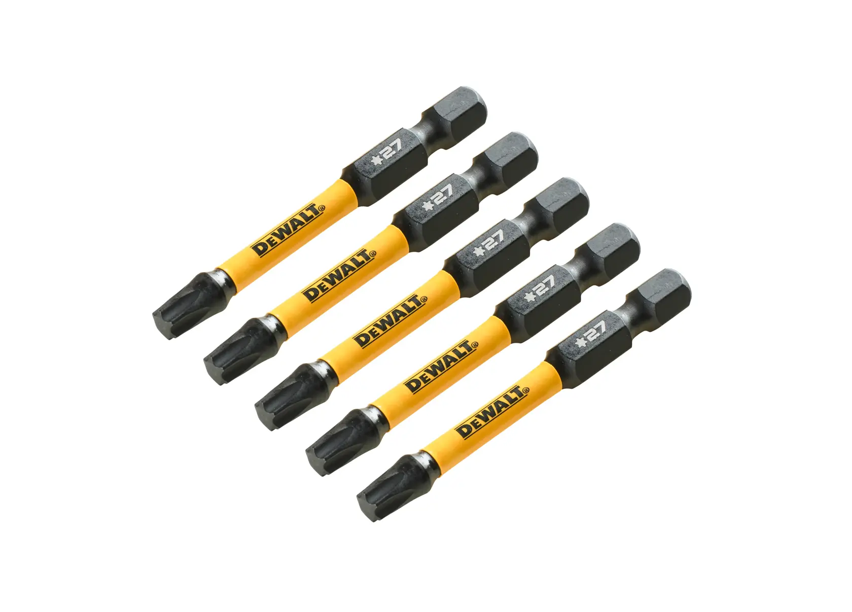 Five DEWALT screwdriver bits with yellow shafts, arranged diagonally on a white background.