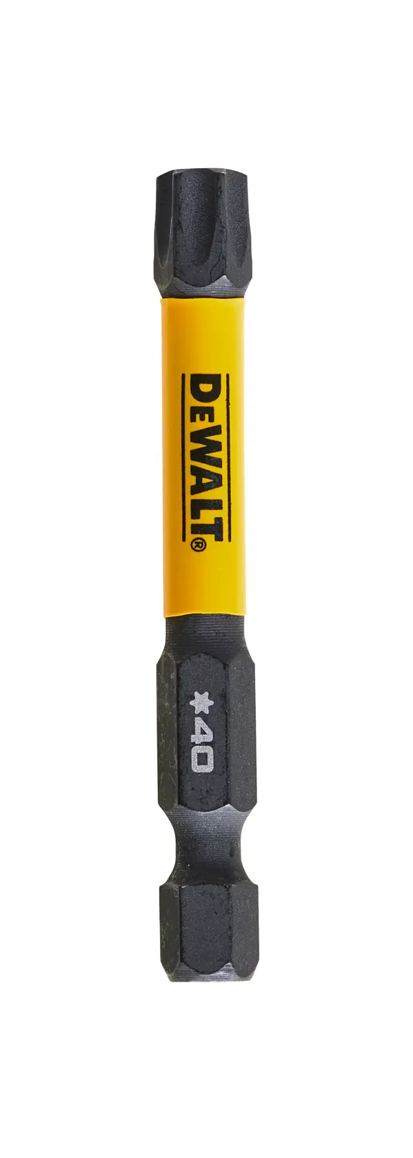 Punta de destornillador DEWALT DT7399T amarilla y negra, punta en forma de estrella.