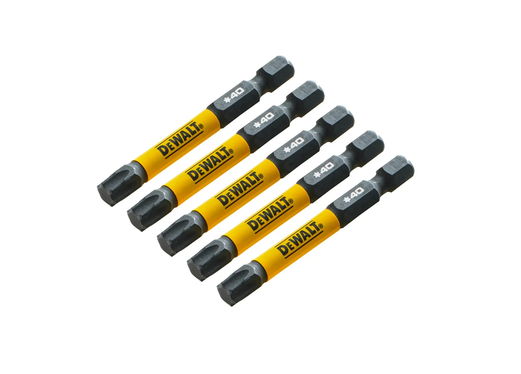 Cinco puntas para destornillador Torx DEWALT con mangos amarillos, alineadas sobre fondo blanco.