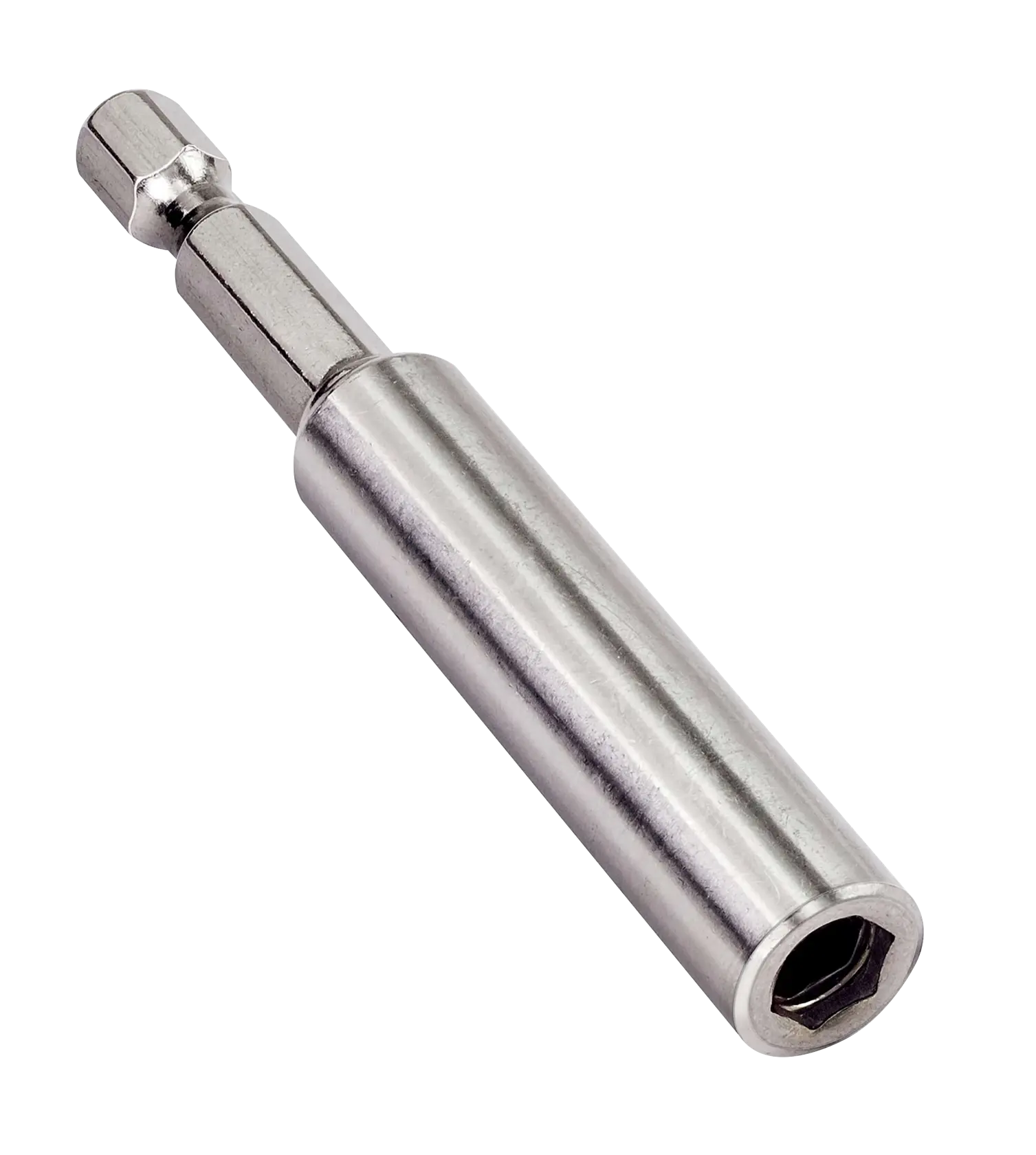 Metal magnetic drill bit holder with hex shank for secure bit attachment.