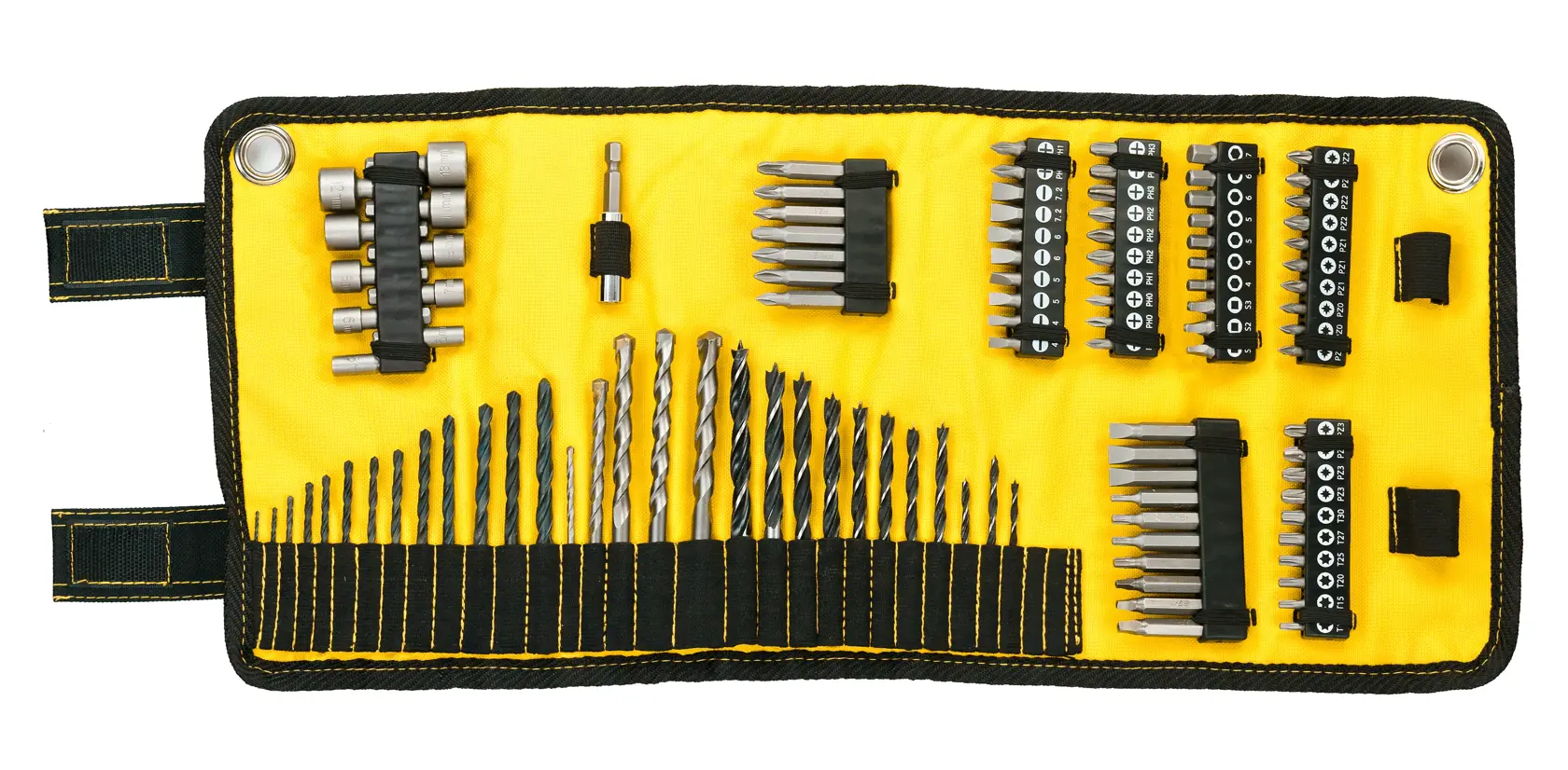 DEWALT DT7981 drill and screwdriver bit set in a yellow roll-up pouch, organized in rows.