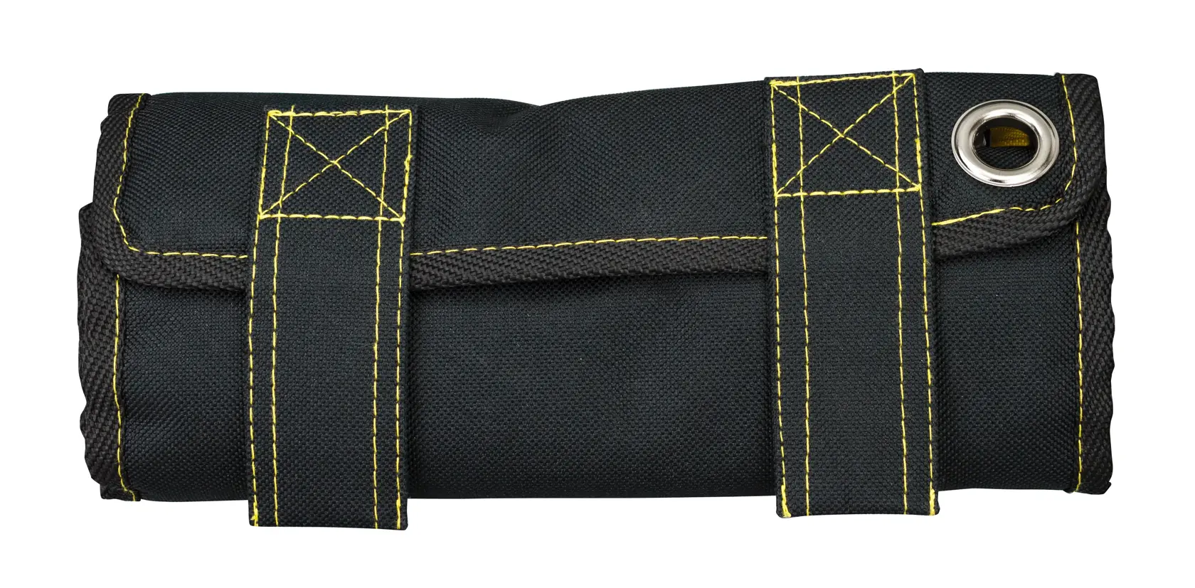 Black DEWALT tool roll bag with yellow stitching, rolled up and secured with straps, metal grommet on one end.
