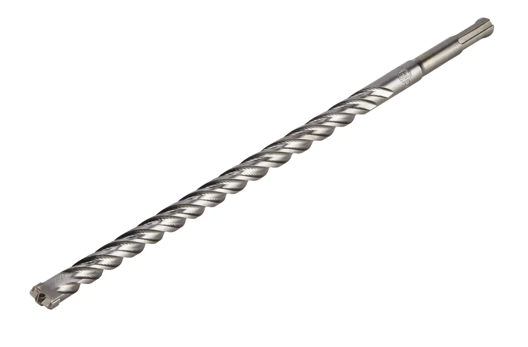 Una broca de martillo SDS DEWALT larga y plateada con diseño de flauta en espiral, adecuada para taladrar mampostería y hormigón.