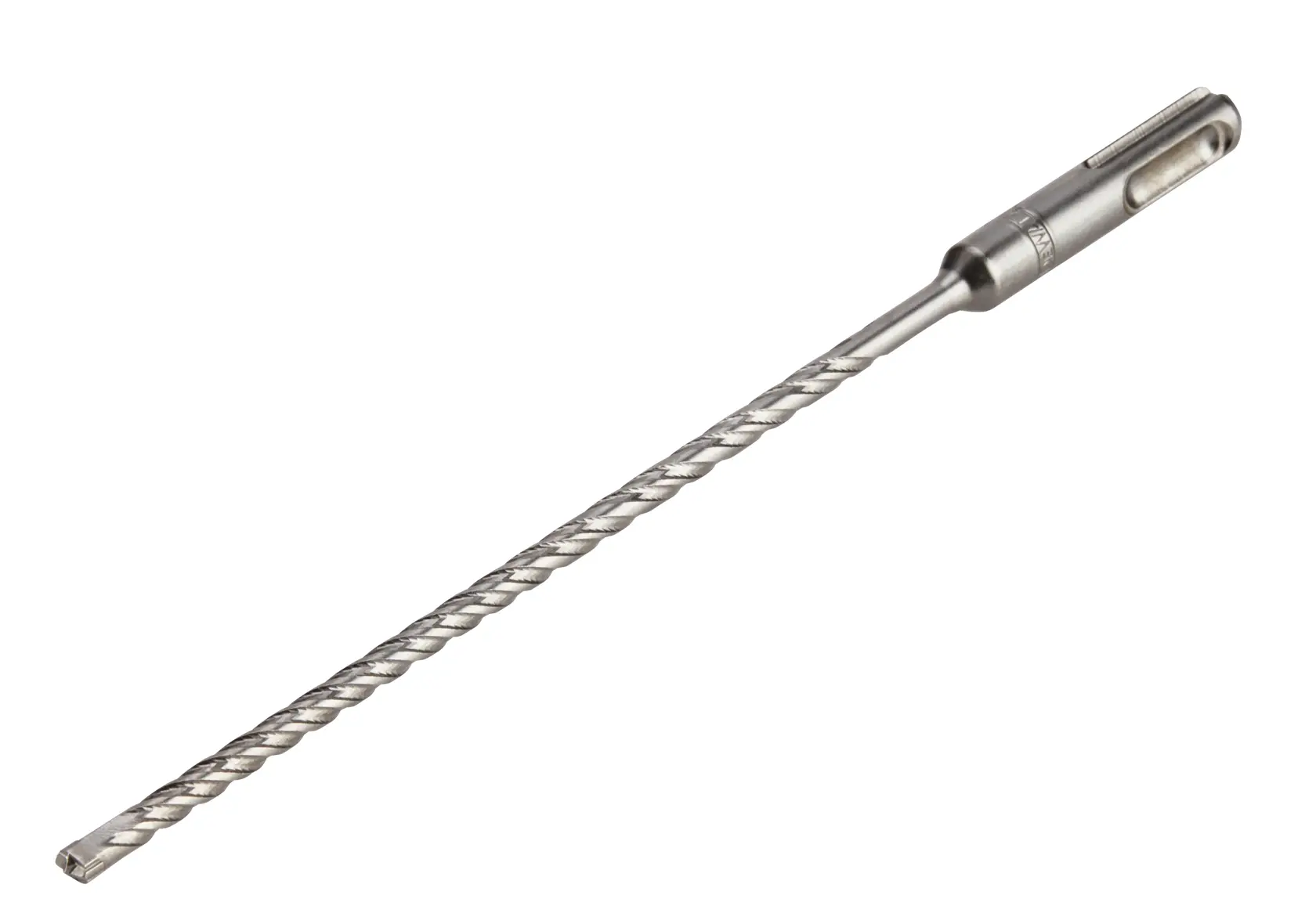 Broca SDS de metal para martillo rotativo, con eje espiral largo y punta plana, sobre fondo blanco.