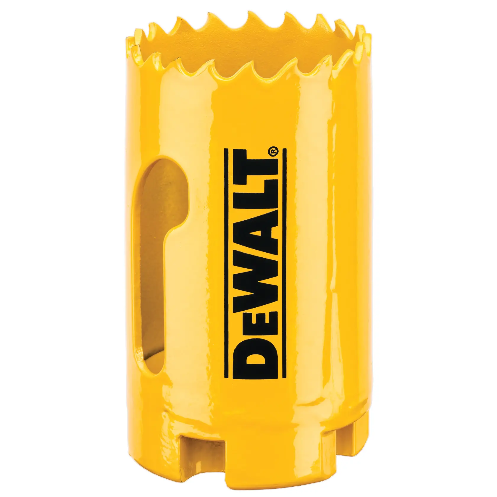 Sierra de copa amarilla DEWALT, fotografía, SKUs DT90307, DT90307-QZ, cilíndrica con dientes afilados.