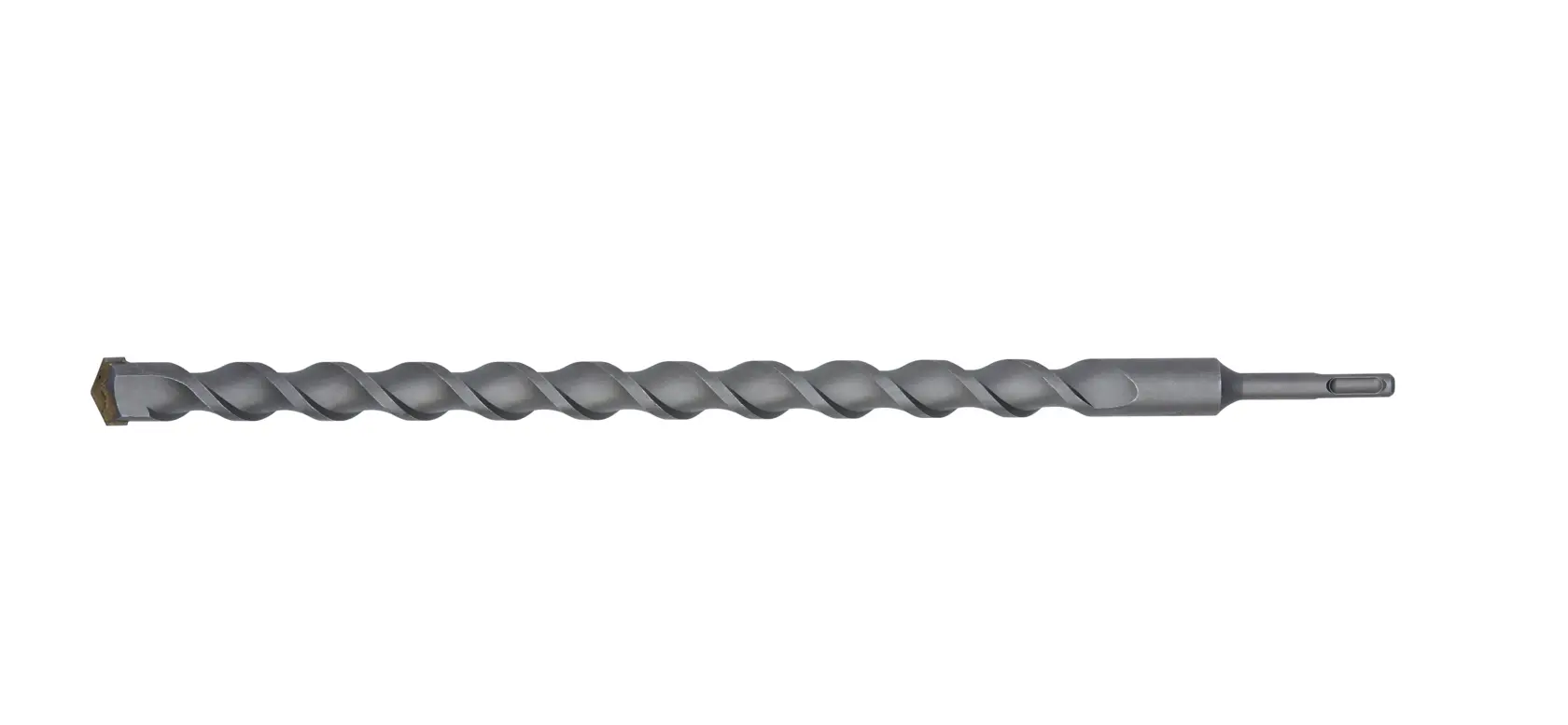 Broca SDS larga y espiral para mampostería o concreto. Acabado gris con punta y vástago cilíndrico.