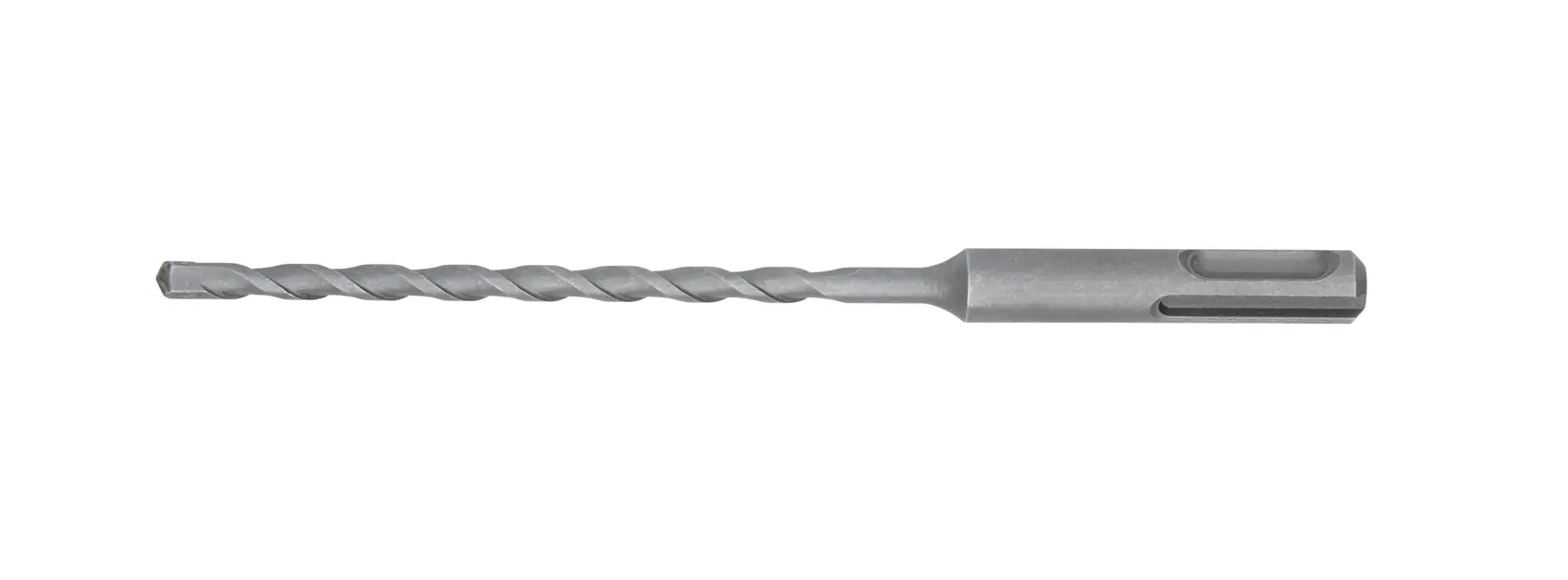 Broca DEWALT SDS larga y plateada de espiral, mostrada sobre fondo blanco.