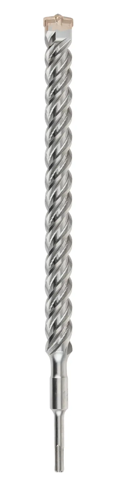 Broca DEWALT SDS con diseño espiral para mampostería y concreto, mostrada verticalmente sobre fondo blanco.