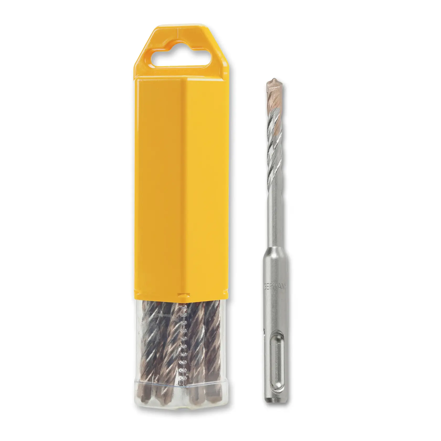 Brocas DEWALT con estuche amarillo. Una broca fuera, otras visibles a través del fondo transparente del estuche.