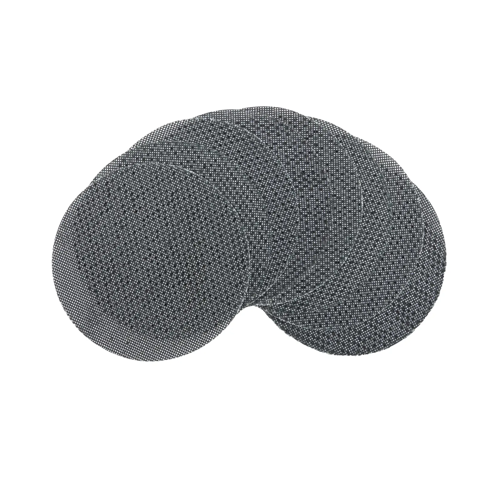 Six round DEWALT sanding mesh discs arranged overlapping on a white background.