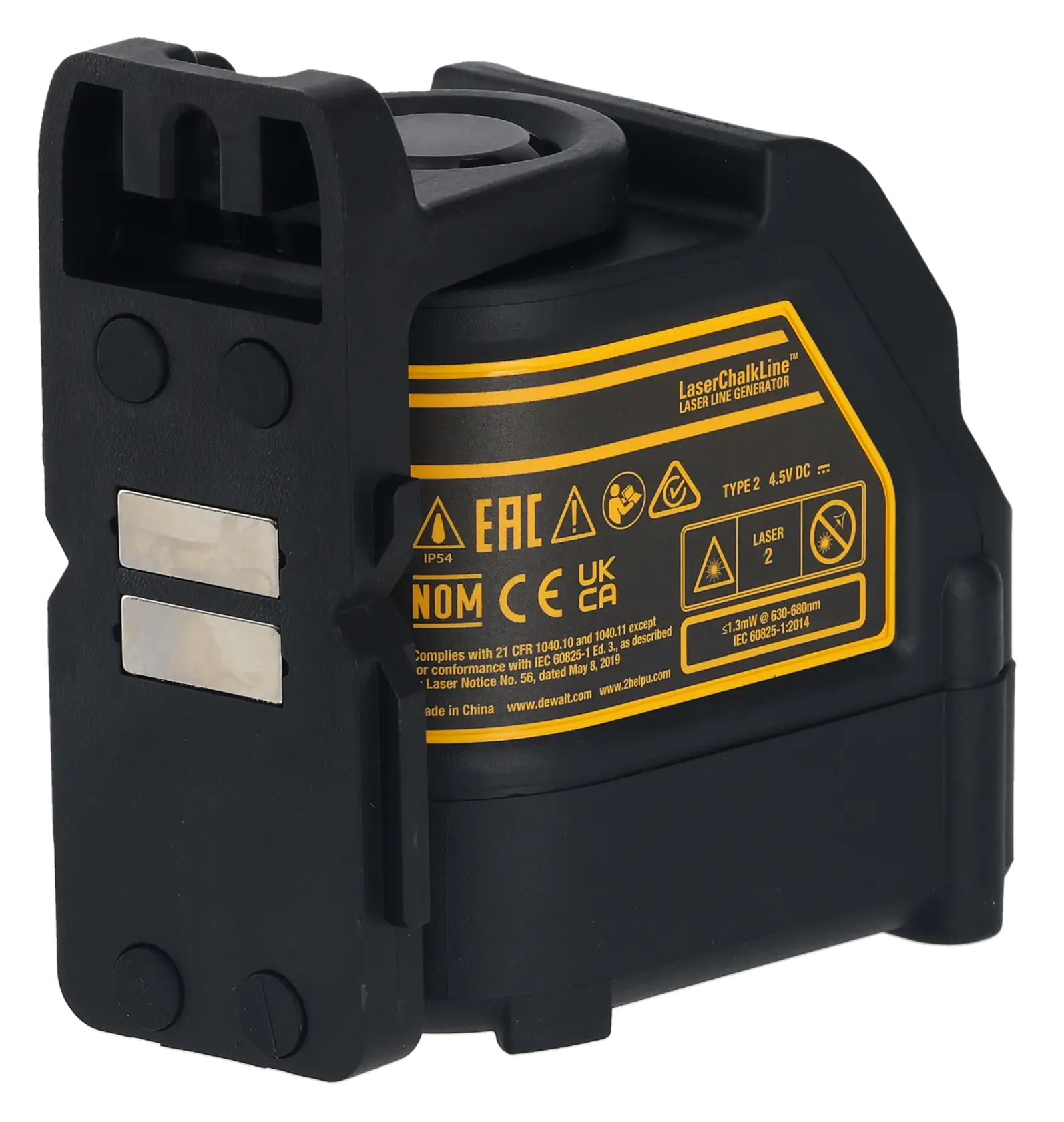 Nahaufnahme eines DEWALT Batterieanzeigers mit gelbem Label und schwarzem Gehäuse.
