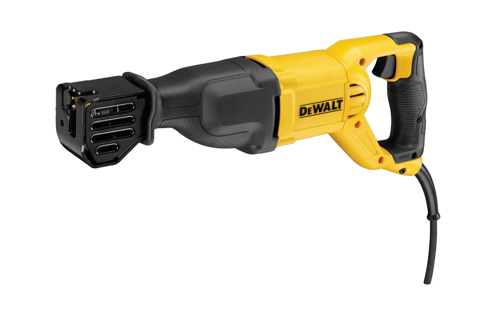 Eine DEWALT Säbelsäge mit gelbem und schwarzem Design, abgebildet vor weißem Hintergrund. Unter der Säge steht: 'Ideal für Klempner, Elektriker und Bauarbeiter.'