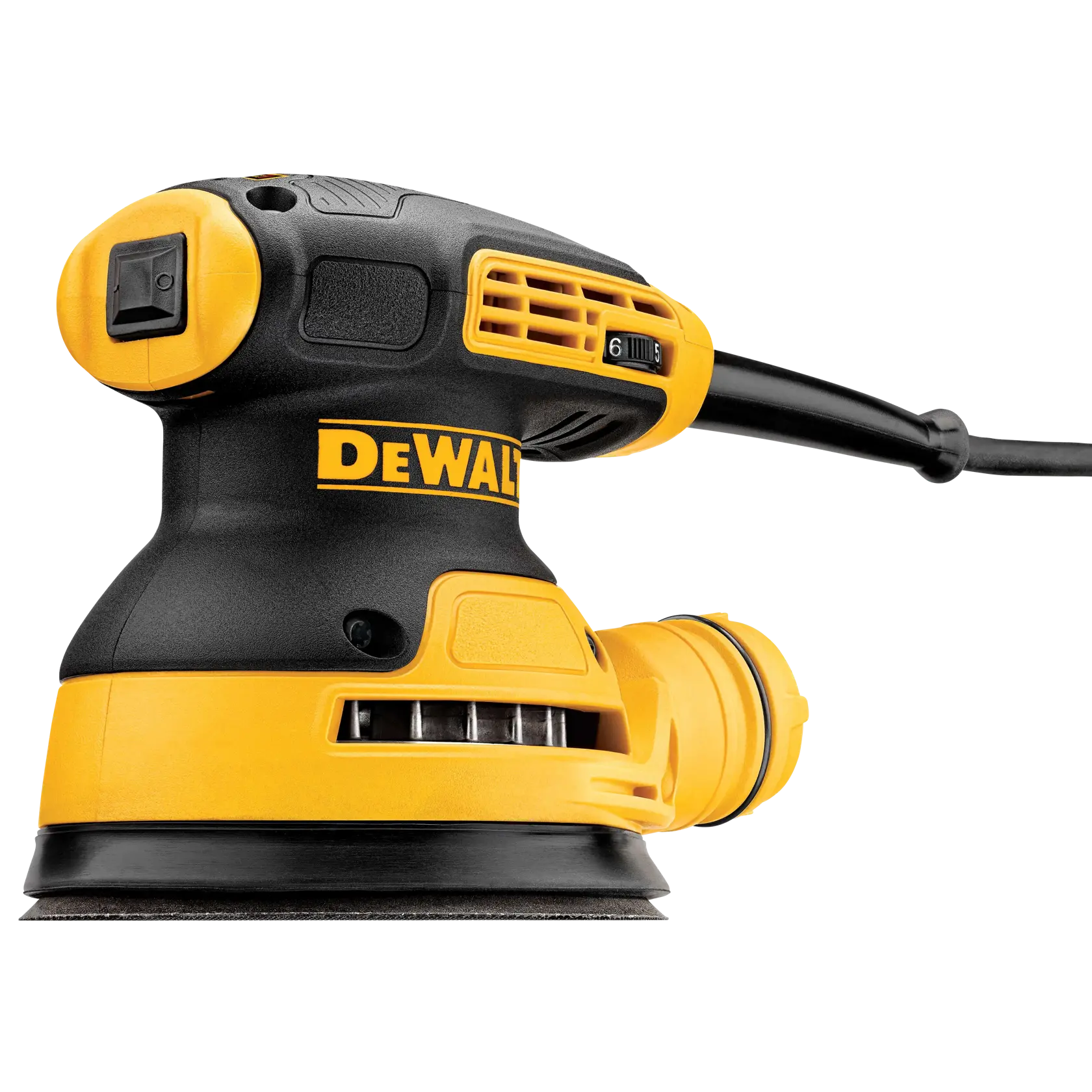 Eine elektrische DEWALT Exzenterschleifer, Modell DWE6423, in Schwarz und Gelb gezeigt, mit angeschlossenem Netzkabel. Der Schleifer hat ein sichtbares Geschwindigkeitsregelrad und ist für glatte Schleifoberflächen konzipiert.