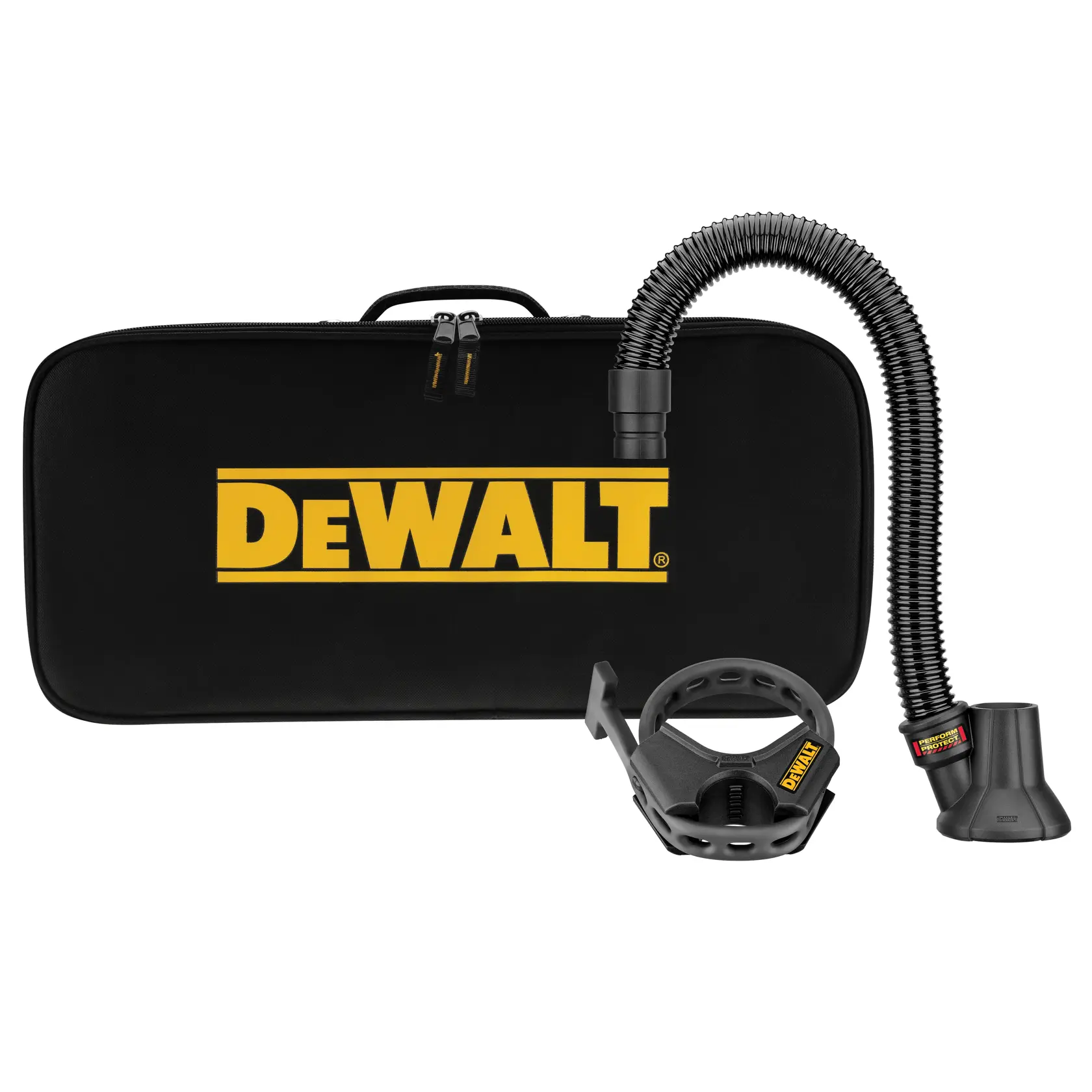 DEWALT dust extraction accessory kit with a flexible hose, a nozzle attachment, a circular attachment, and a black carrying case with a yellow DEWALT logo.