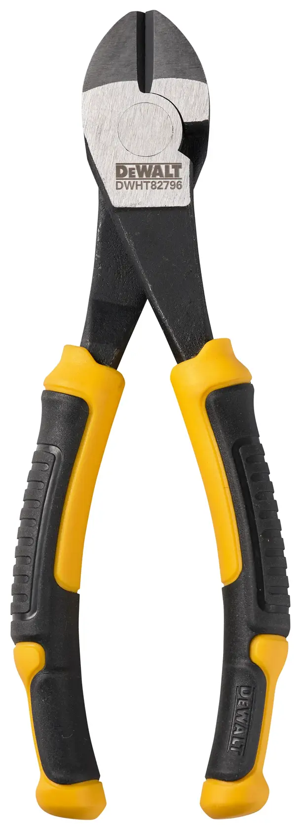 Egy DEWALT ferde vágófogó fekete-sárga ergonomikus nyéllel, DWHT82796-0 modell, fehér háttéren.