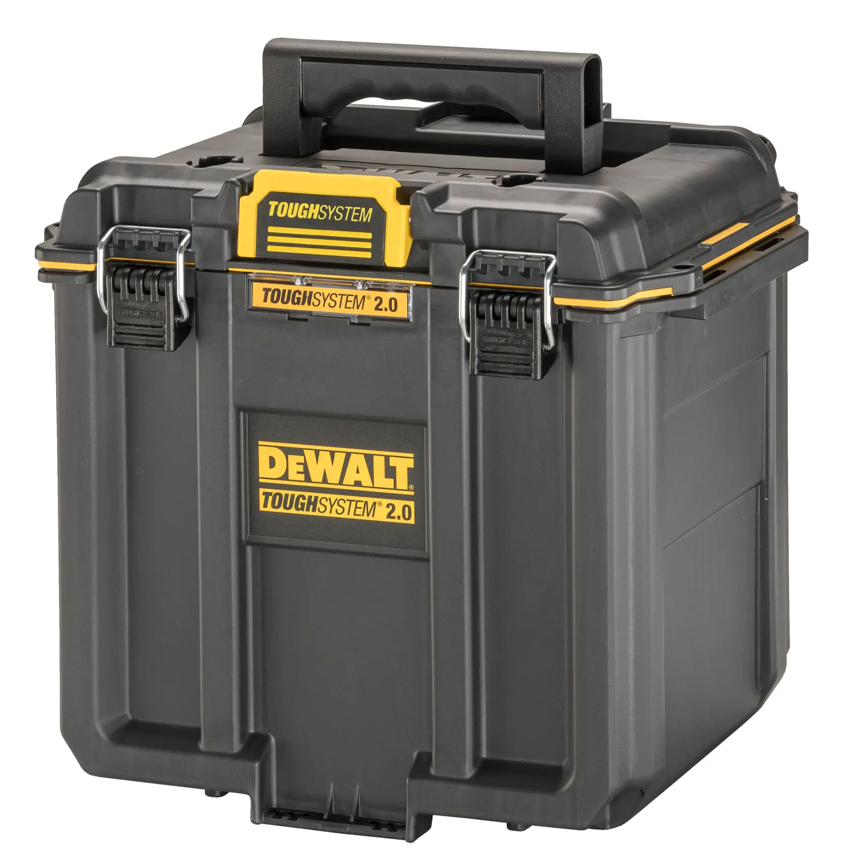 Egy DEWALT ToughSystem 2.0 tárolódoboz fekete és sárga kivitelben, masszív fogantyúval és biztonságos fém zárakkal.