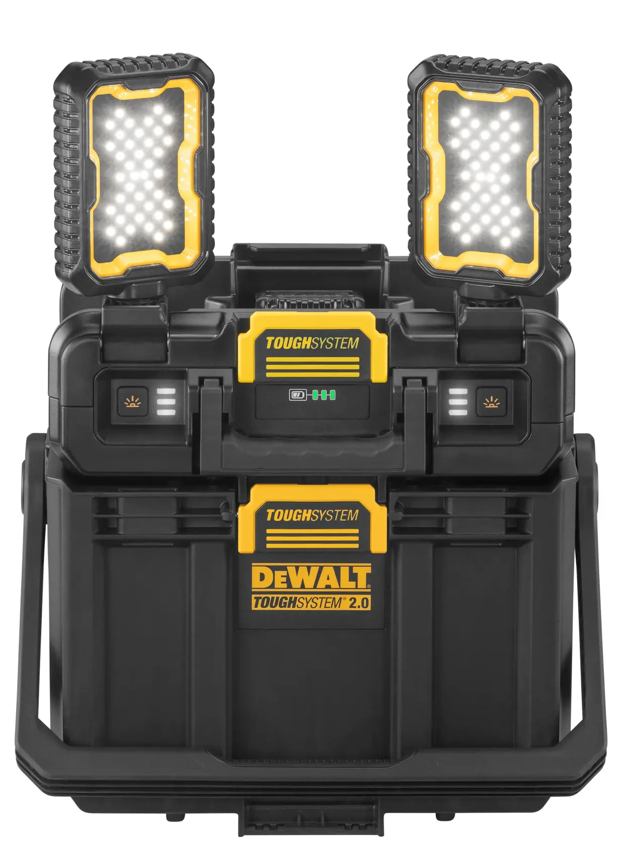 DEWALT ToughSystem 2.0 hordozható tárolódoboz, tetején két beépített LED munkalámpával. A doboz fekete és sárga, tartósságra és nehéz használatra tervezve, zárómechanizmusokkal és fogantyúkkal az egyszerű szállításhoz.
