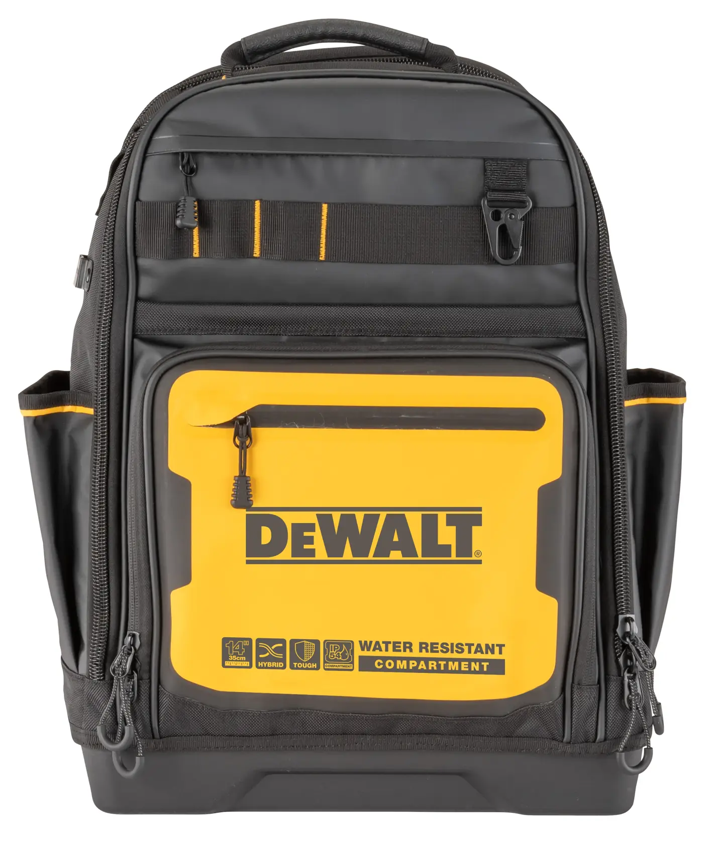 Egy DEWALT fekete és sárga hátizsák szerszámok számára, több rekesszel és zsebbel, vízálló első rekesszel és jól látható DEWALT logóval.