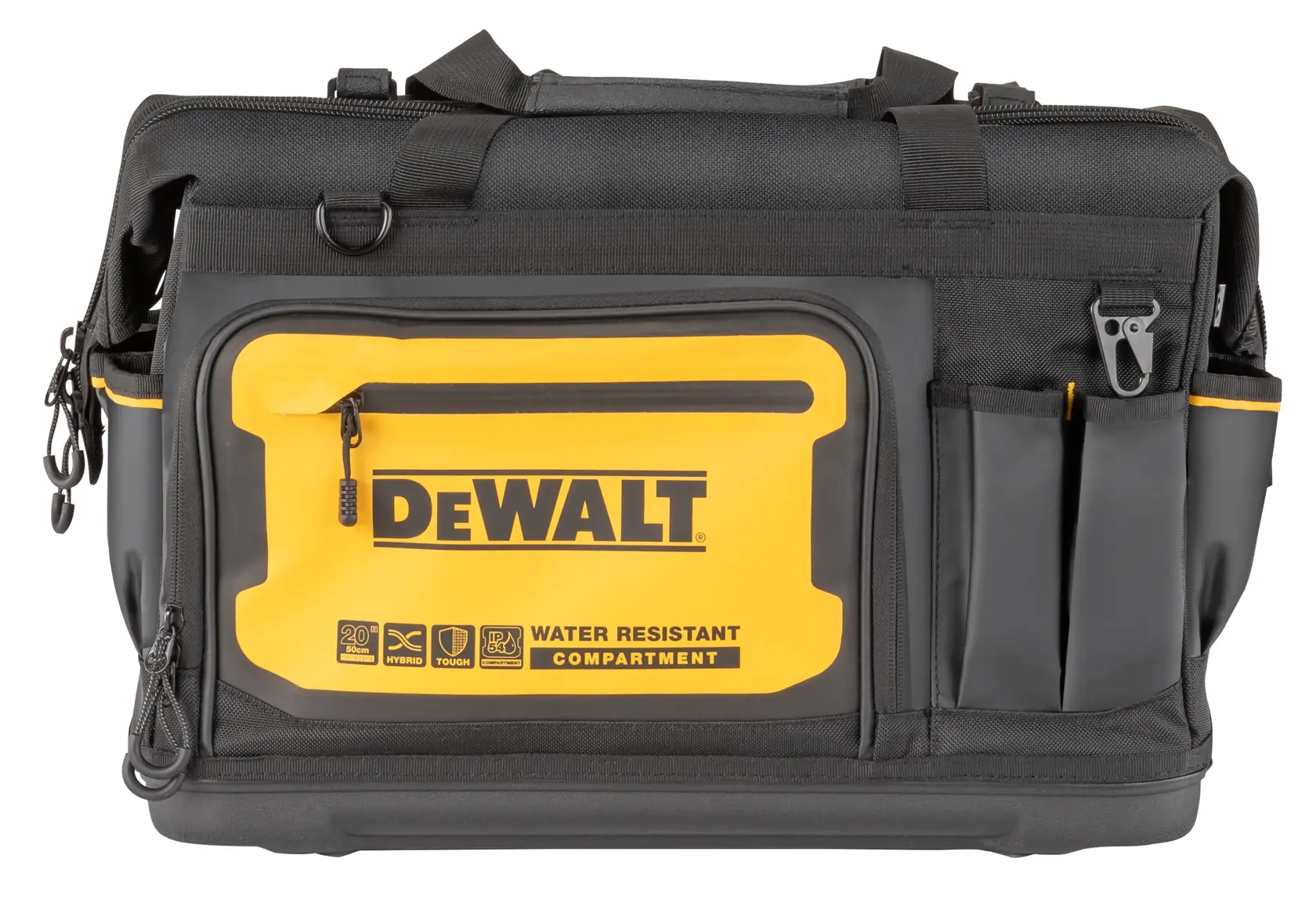 Fekete-sárga DEWALT szerszámtáska több külső zsebbel és elöl cipzáras, 'Water Resistant Compartment' feliratú rekesszel.