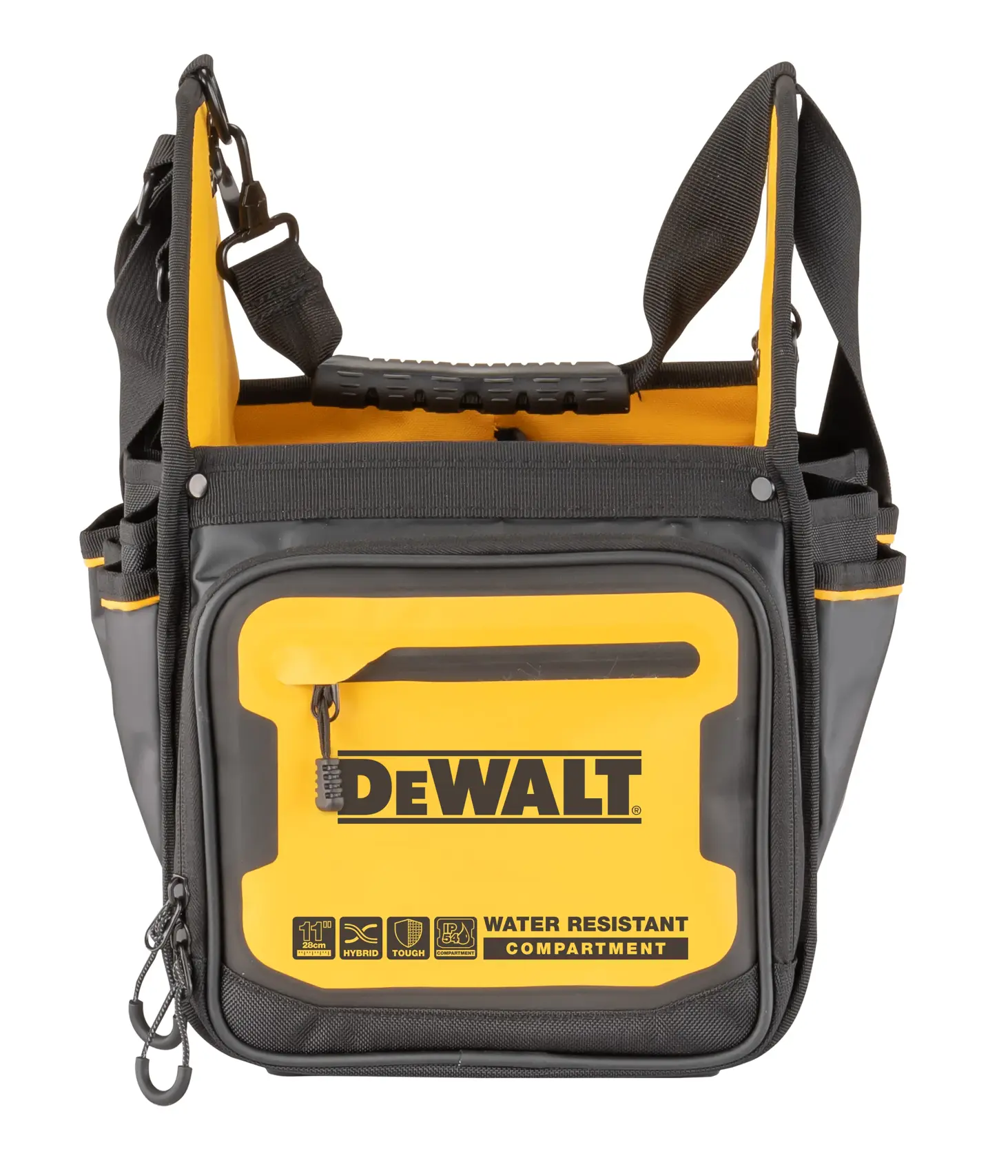 A DEWALT DWST60105-1 fényképezőgép táska elölnézetben, vízálló rekesszel, sárga-fekete dizájnnal, vállpánttal és jól látható DEWALT logóval.