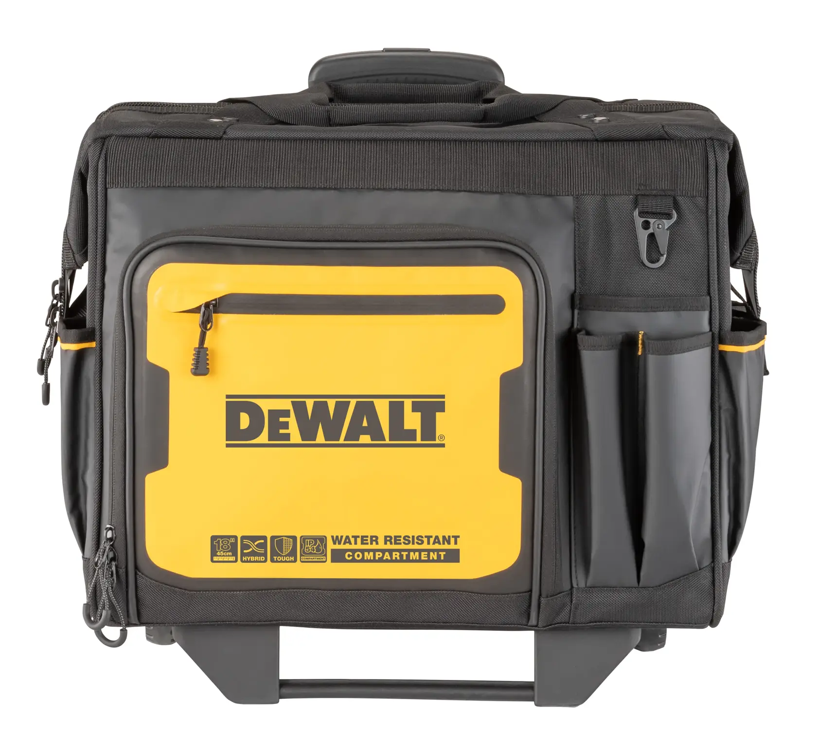 Elölnézeti kép egy sárga-fekete DEWALT szerszámtáskáról, amelyen több külső zseb és rekesz található. Az elülső zseben 'water resistant compartment' (vízálló rekesz) felirat látható. A táskán felül hordozó fogantyú van.