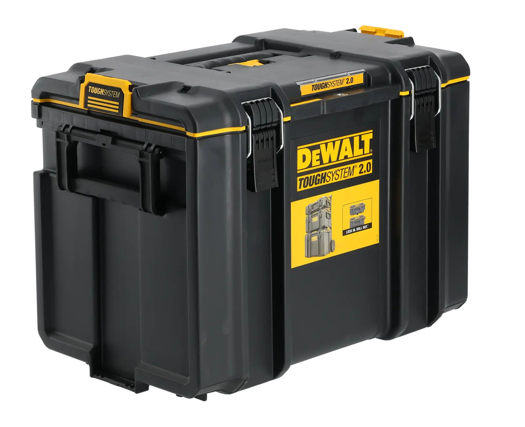 DEWALT ToughSystem 2.0 schwarze Aufbewahrungsbox mit gelben Akzenten und stabilen Verschlüssen.