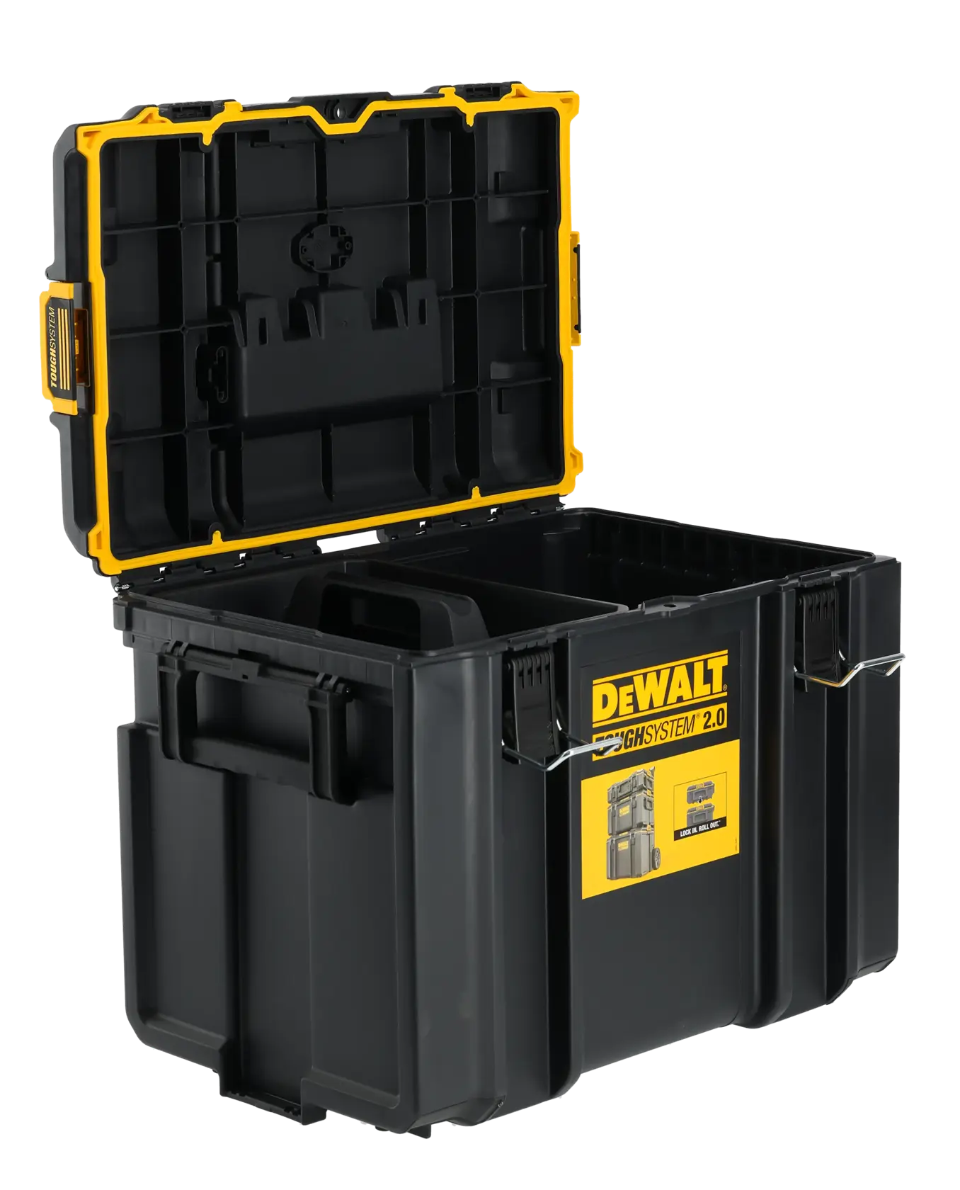 DEWALT schwarze Werkzeugbox mit offenem Deckel und gelben Akzenten, ToughSystem 2.0.